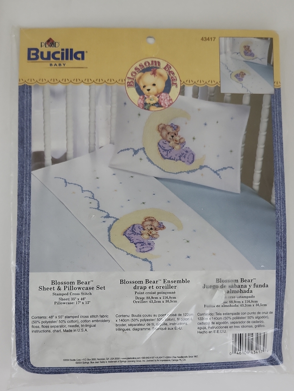 Plaid Bucilla Baby Blossom Bear Bedding Sheet & Pillowcase Set Kit Cross Stitch